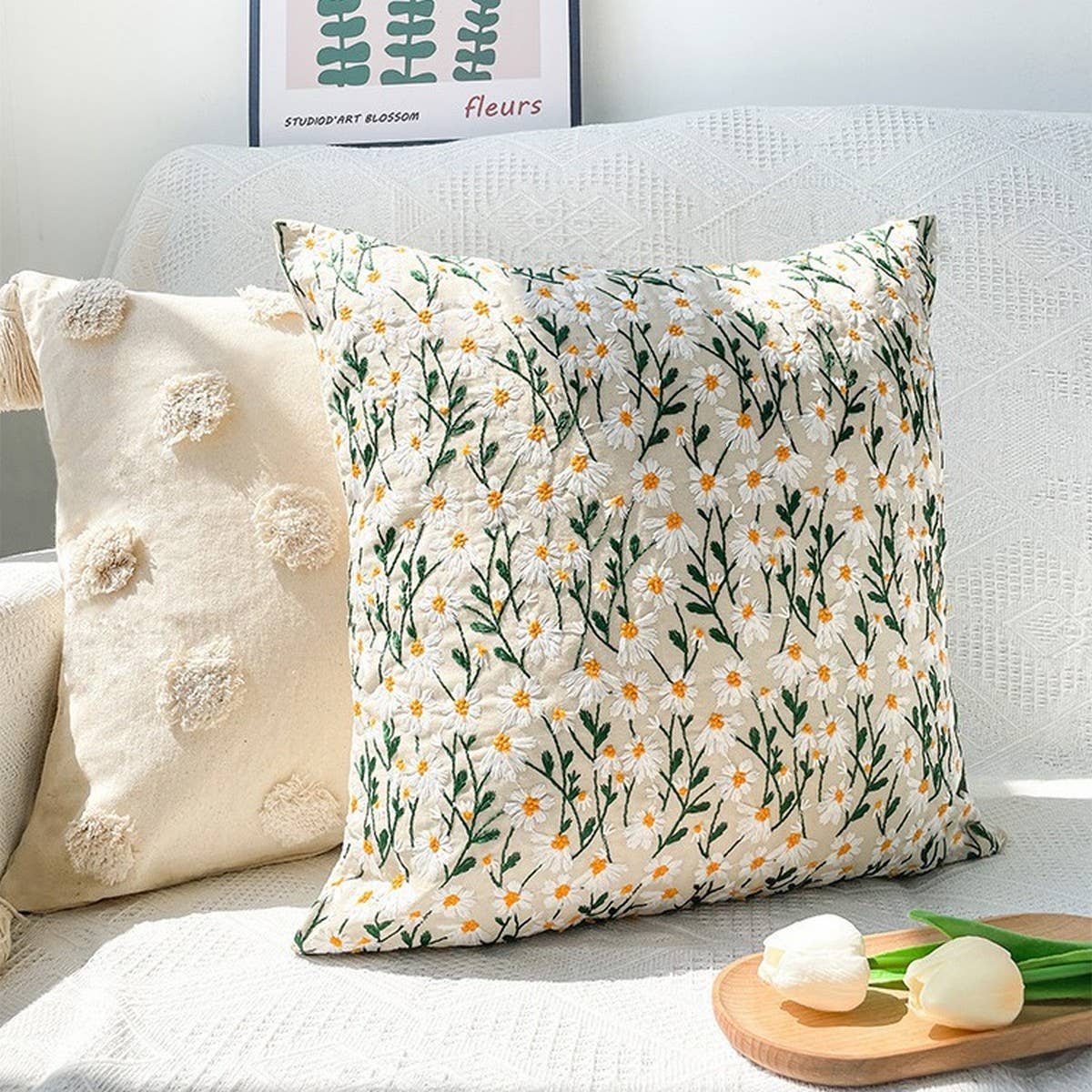Floral Embroidered Square Pillow Cover Sofa Cushion