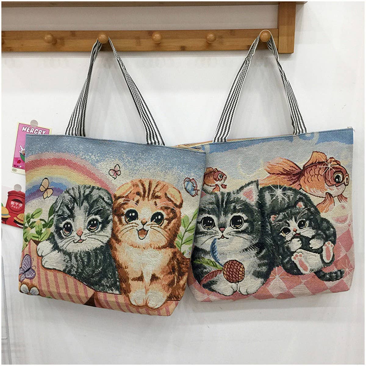 CUTE CAT EMBROIDERED CANVAS SHOULDER BAG TOTE BAG_CWAB1676