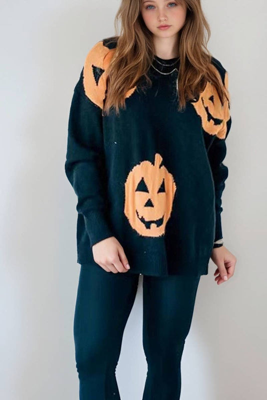 CWOSWL07655_HALLOWEEN PUMPKIN PRINT PULLOVER SWEATER
