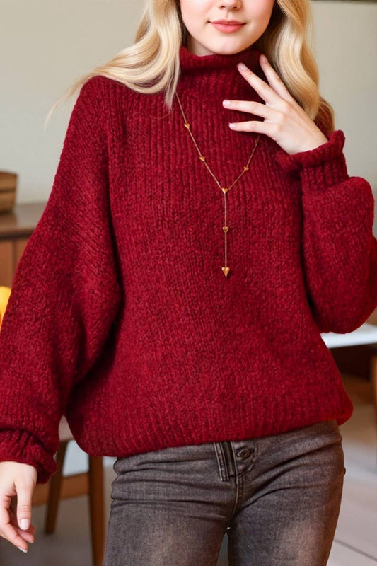 CWOSWL07058_HIGH-NECK RED LOOSE CARDIGAN KNITTED TOP