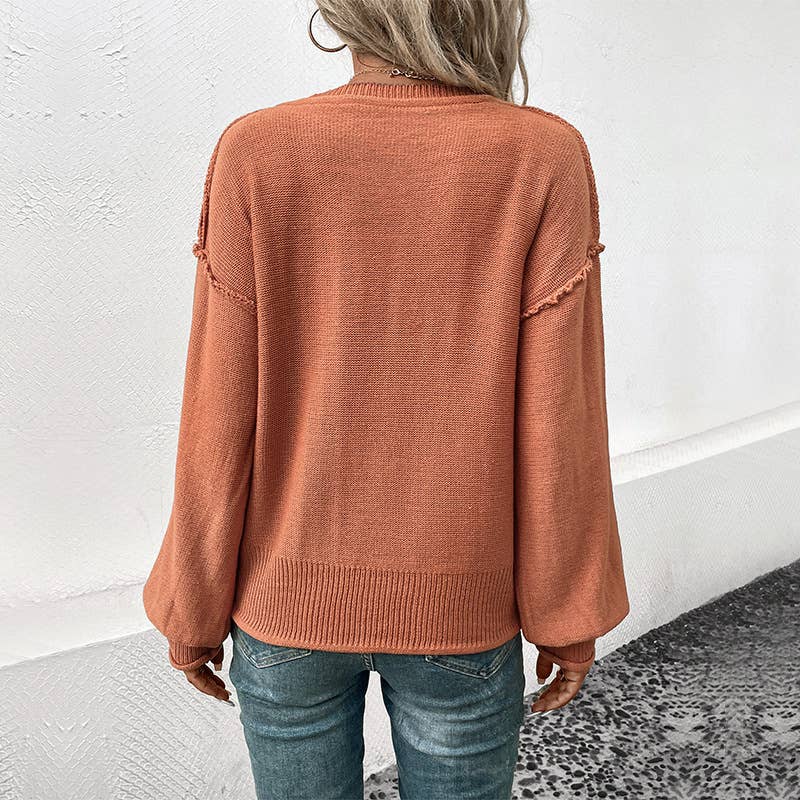 V-NECK LONG SLEEVE SOLID COLOR PULLOVER SWEATER