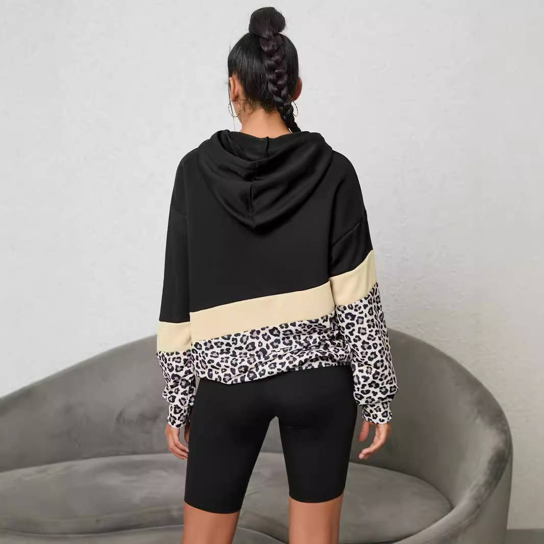 LEOPARD-PRINT PATCHWORK FASHION HOODIE JUMPER