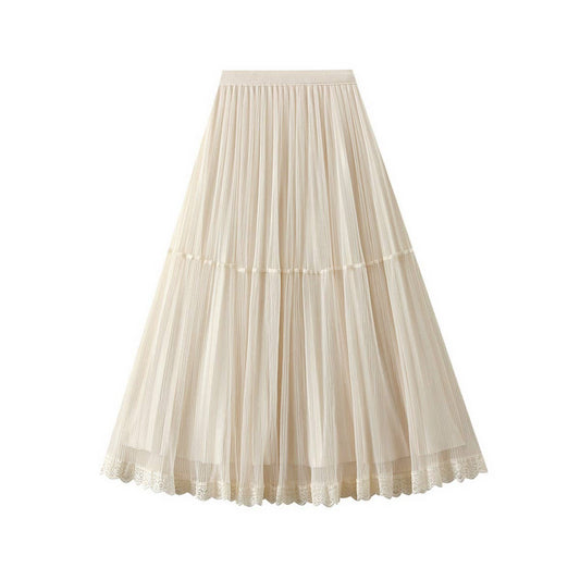 Tulle Lace Trim Pleated Cake Fairy Maxi Skirt