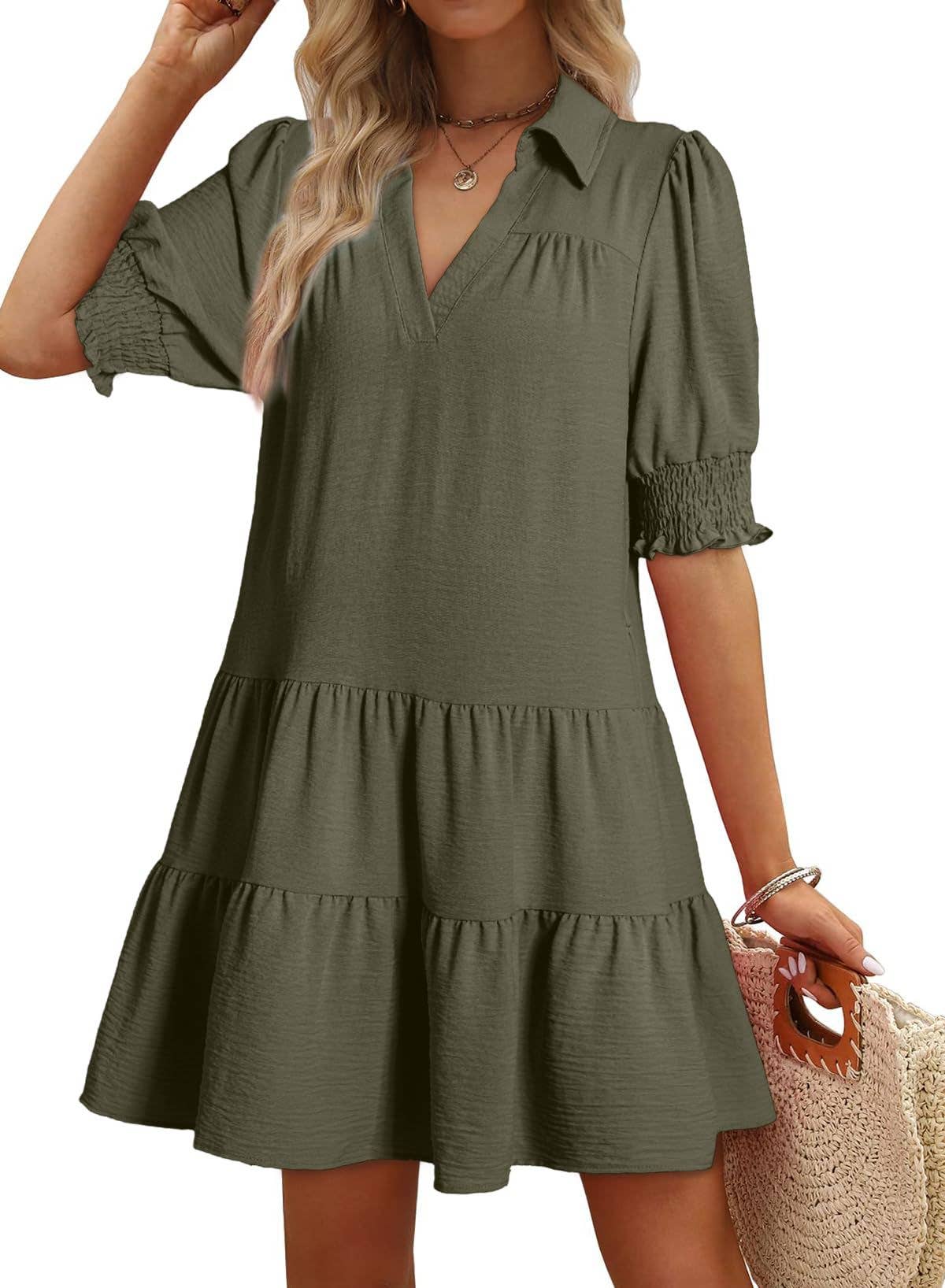 Women¡¯s V-neck colorblock puff sleeve dress