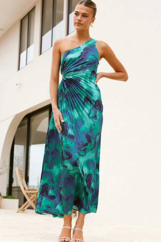 CWDMD5184_ASYMMETRICAL ONE-SHOULDER PLEATED PRINT DRESS