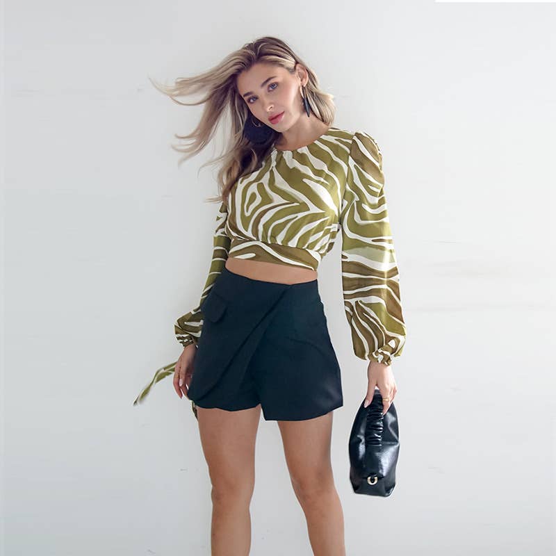 Women's short back lace-up print long-sleeved top