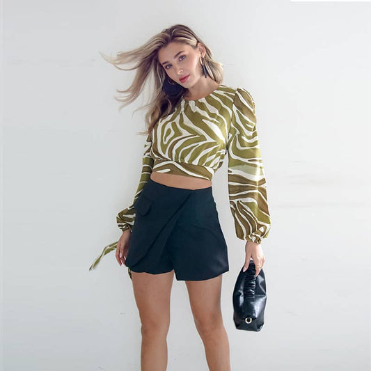 Women's short back lace-up print long-sleeved top