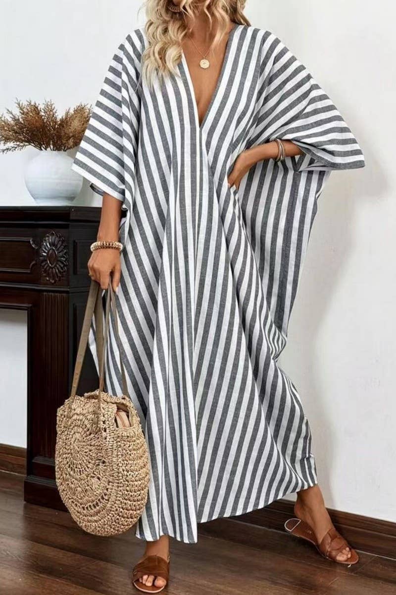 CWDMD5853_CASUAL LOOSE V-NECK STRIPED MAXI DRESS
