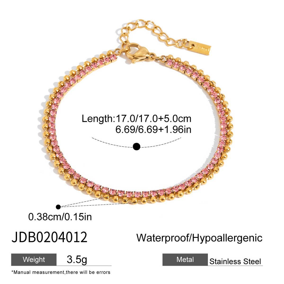 18K Gold Pink Zircon Round Chain Bracelet, Steel_CWAJE4678