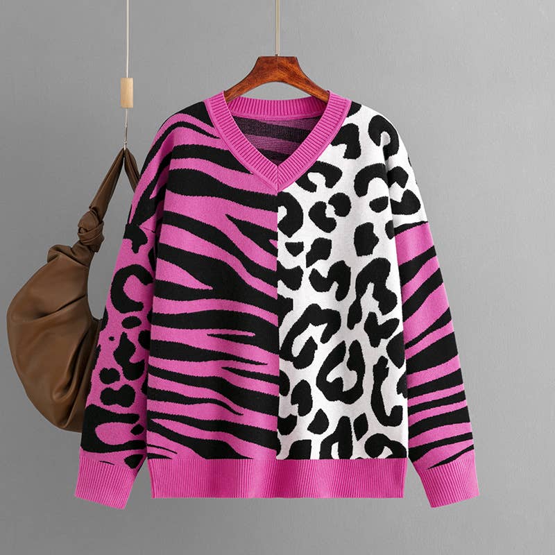 LEOPARD PRINT PATCHWORK MIXED KNIT SWEATER