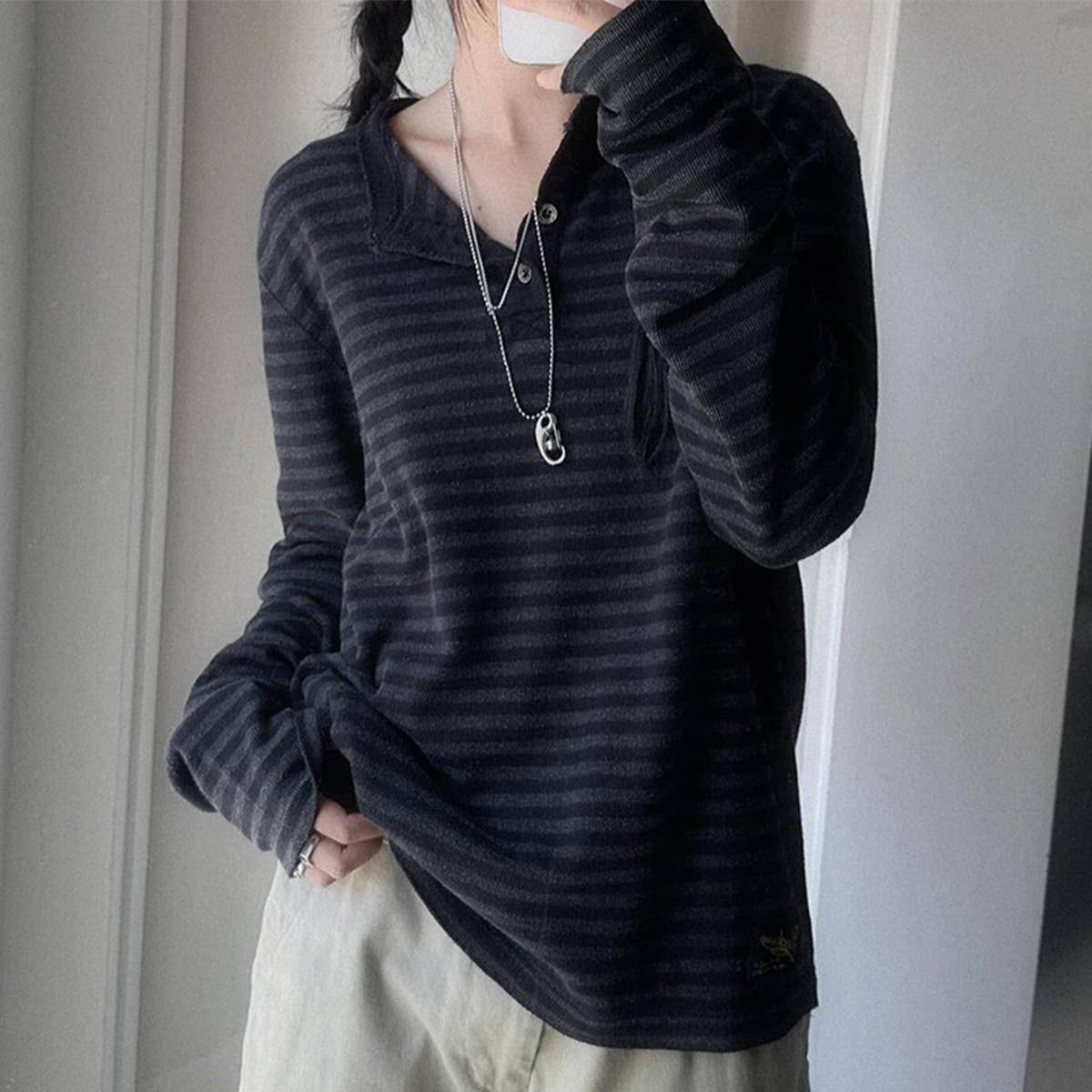 LAZY STRIPED AND BREASTED DESIGN PULLOVER HOODIE