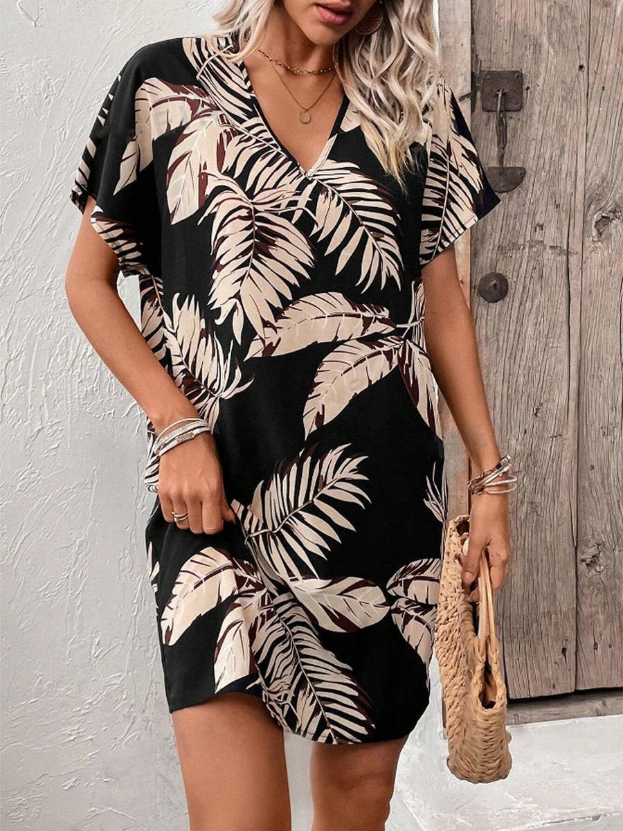 Plant print v-neck casual loose mid-length dress