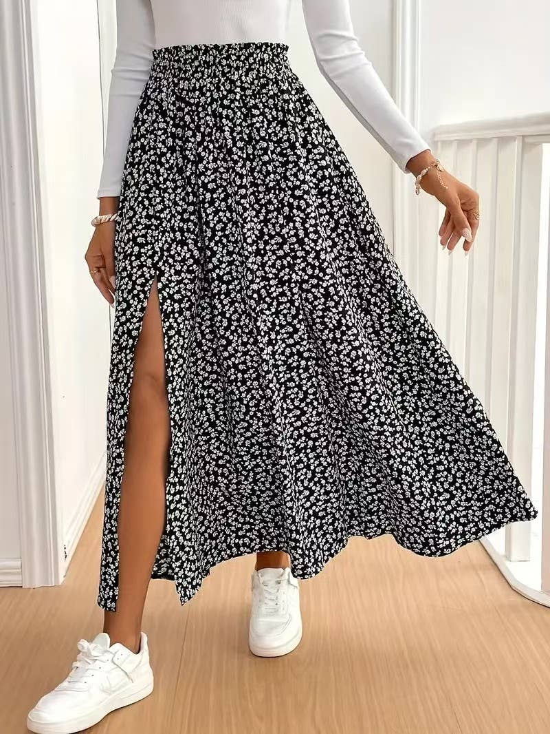 Slit A-line body-hugging mid-waist floral skirt