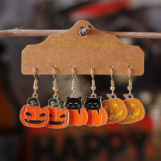 HALLOWEEN PUMPKIN BLACK CAT PENDANT EARRINGS
