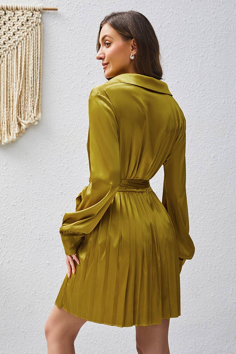 CWDSD10675_LONG SLEEVE POLO NECK BELTED PLEATED DRESS