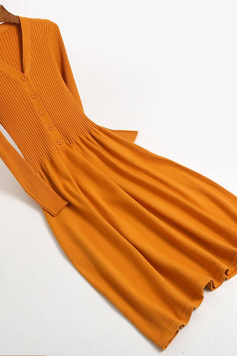 CWDMD4015_V-NECK WAIST BELOW KNEE LONG KNITTED DRESS