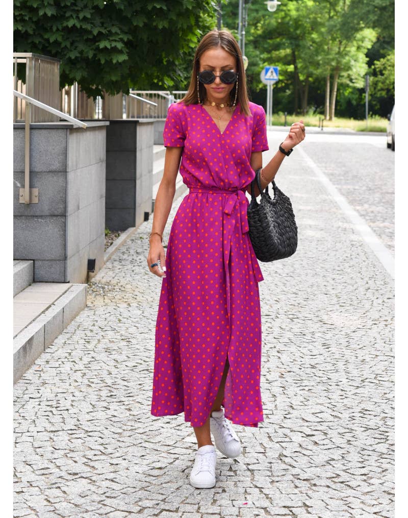 Abstract print V-neck lace-up long slit dress