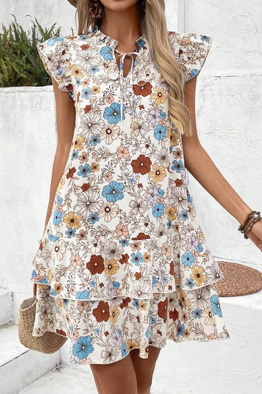 CWDSD8212_BOHEMIAN V-NECK FLYING SLEEVES LACE-UP DRESS