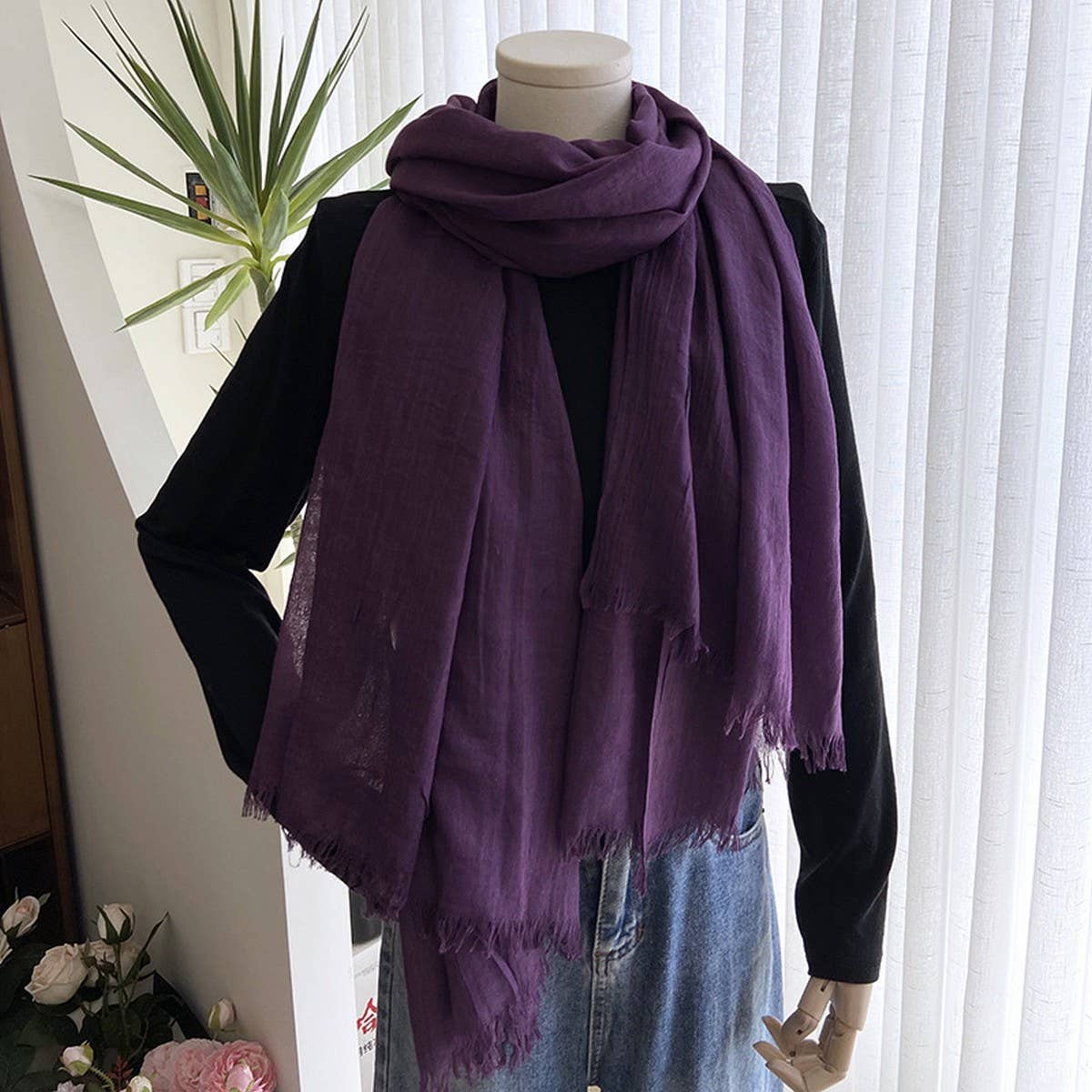 Solid Cotton Linen Scarf for Women Summer Sun Prot_CWASC1451