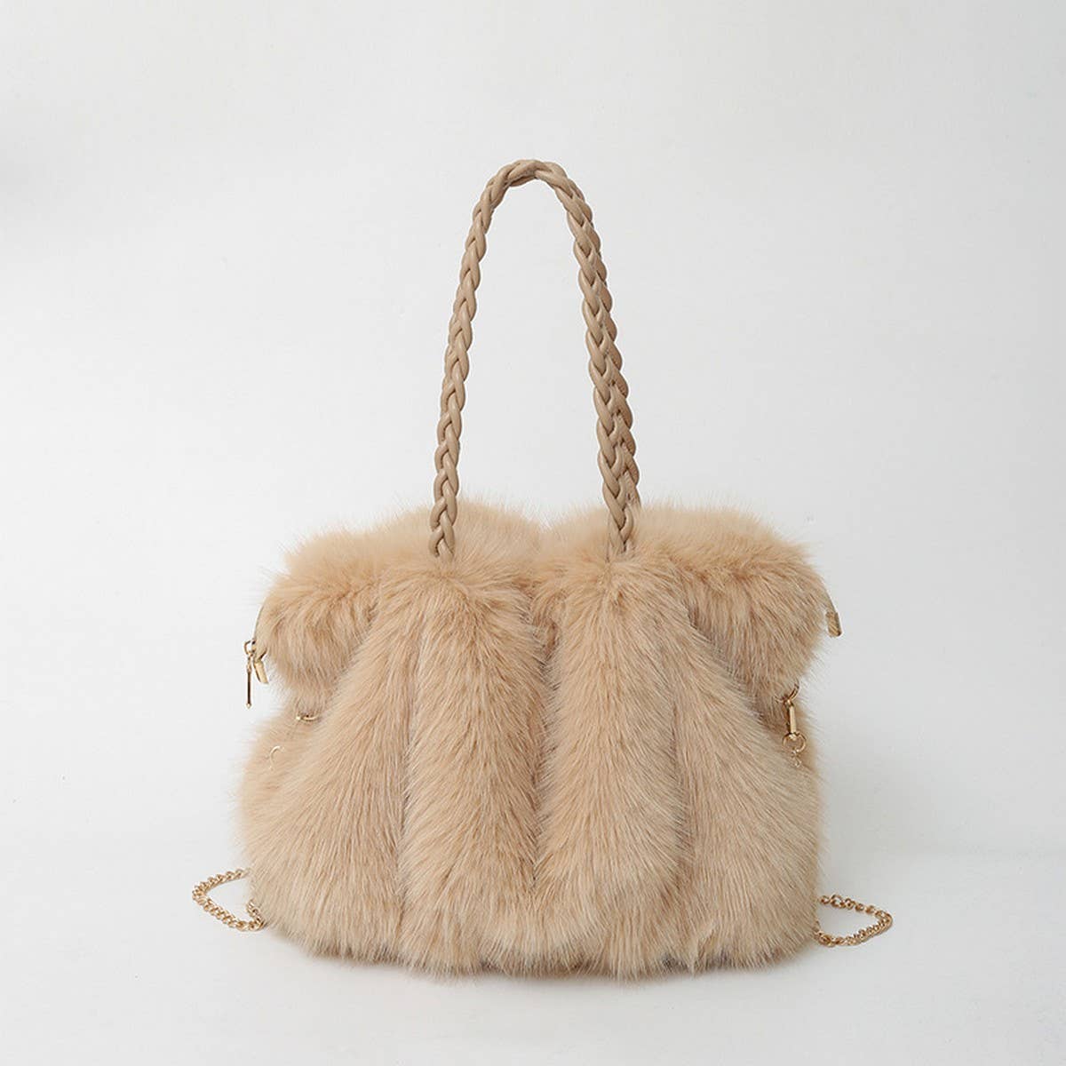 WINTER FASHION PLEATED FAUX FOX FUR PLUSH BAG_CWAB3921