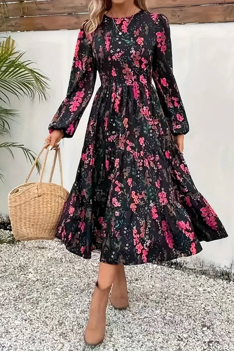 CWDMD5594_FASHION FLORAL PRINT ROUND NECK LONG SLEEVE DRESS