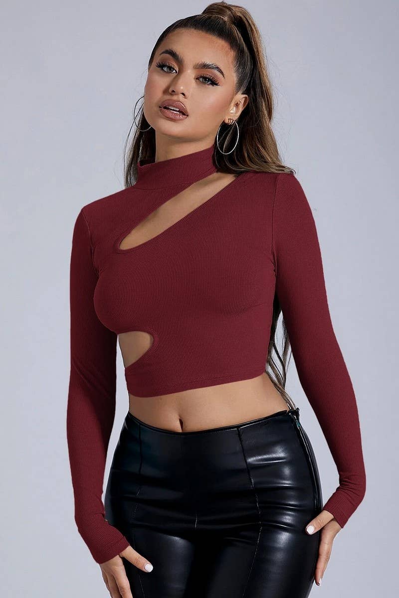 CWDSD6476_HALF TURTLENECK HOLLOW LONGSLEEVE SHORT TIGHT TOP