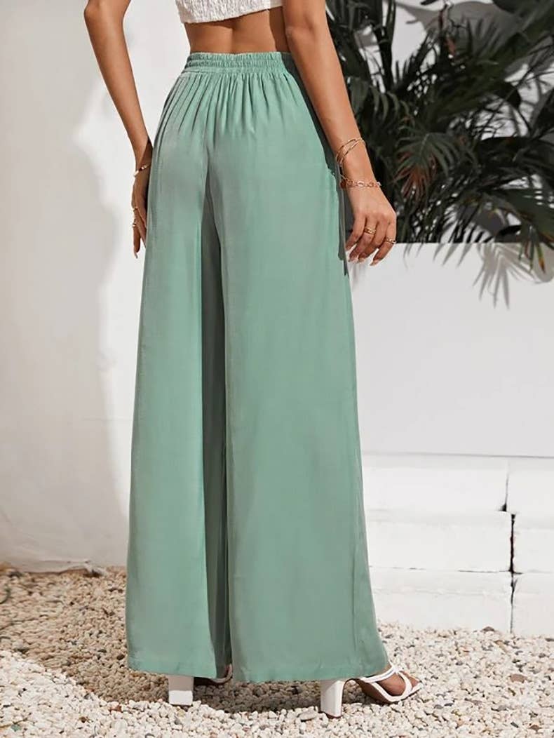 Solid-color loose tight waistband wide-leg pants