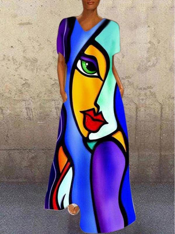 PRINTED V-NECK CASUAL MULTI-COLORED DRESS