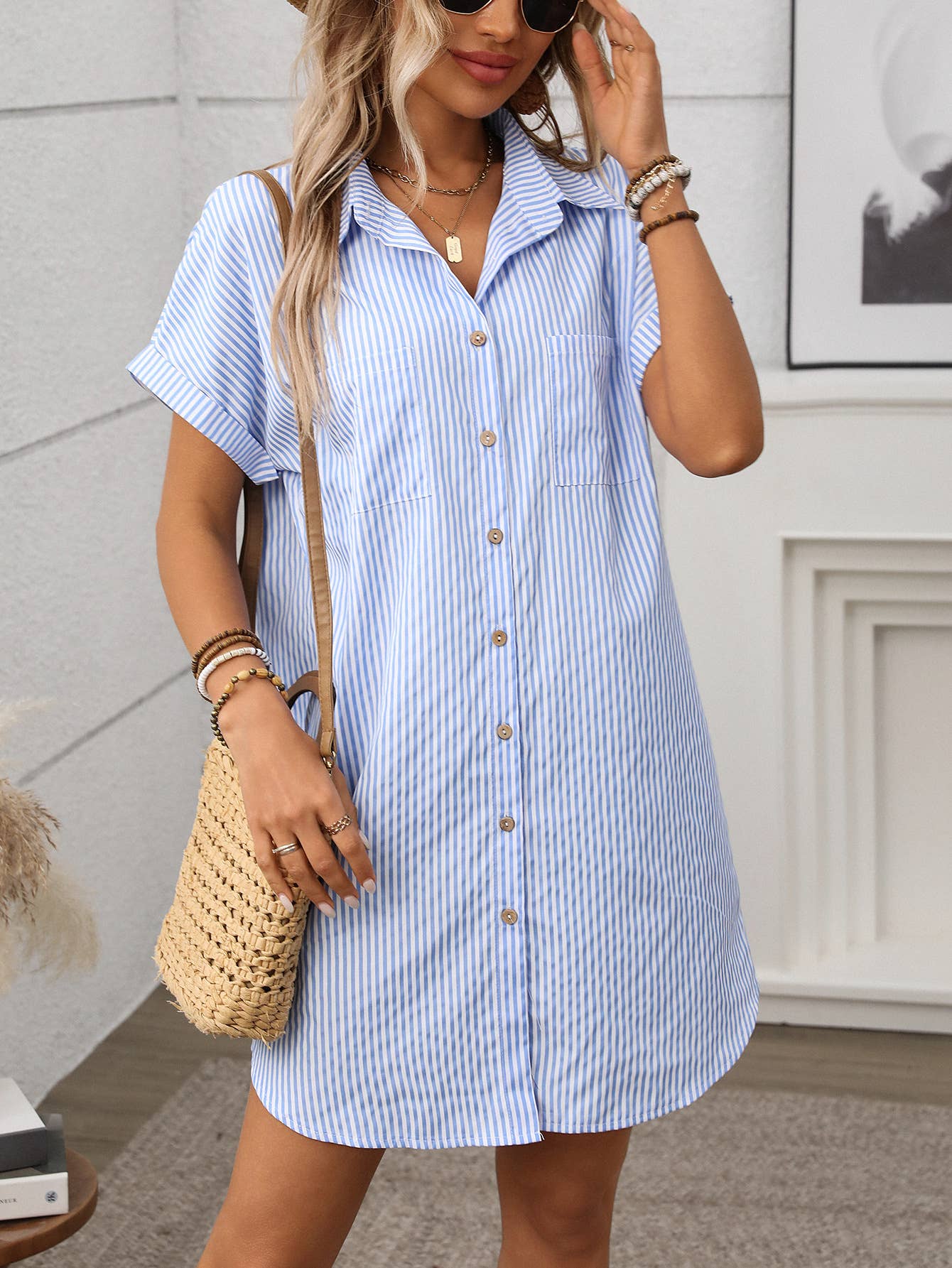 Short-sleeved striped cotton linen dress
