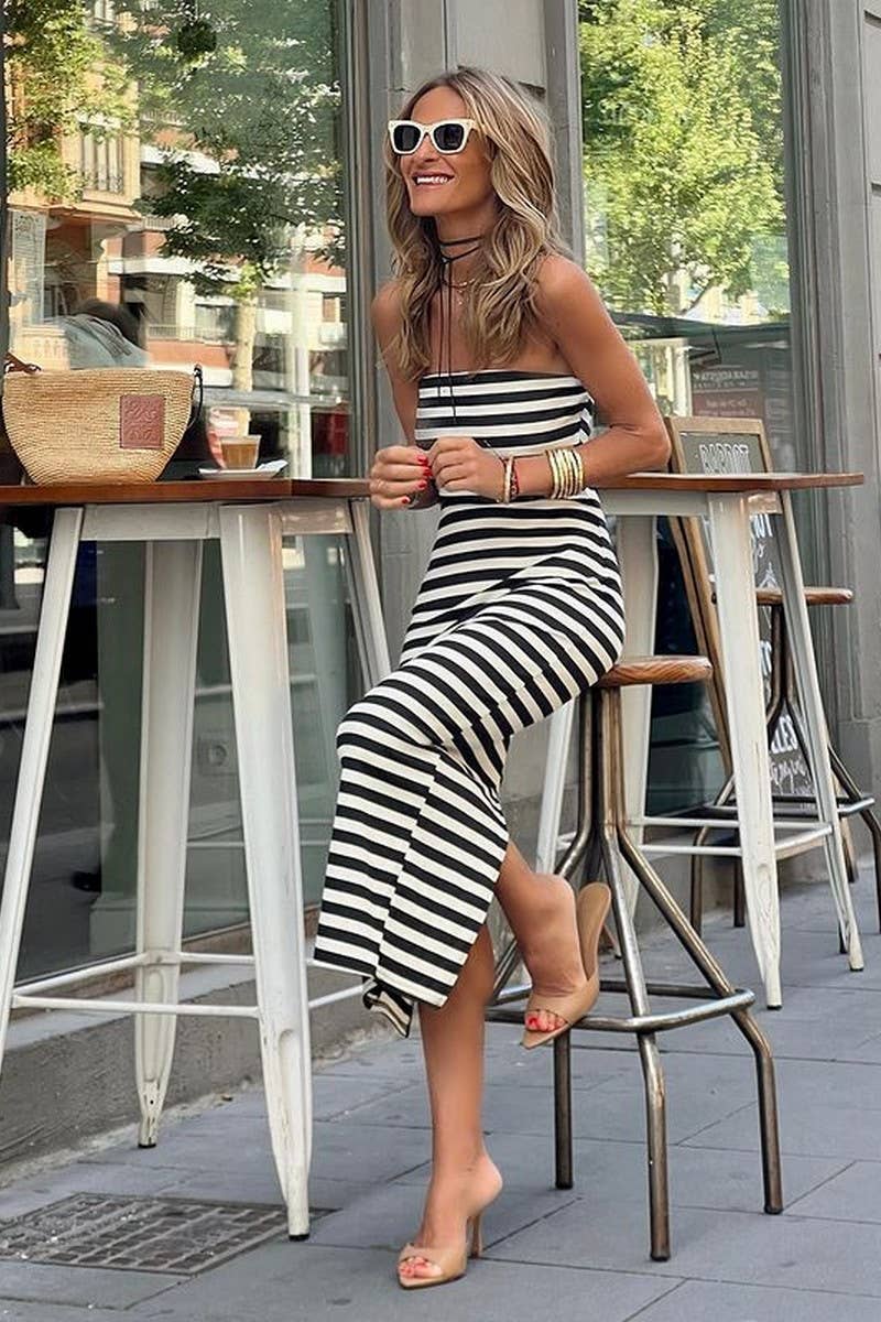 CWDMD5859_NEW SUMMER STRIPED CHEST-WRAPPED SLIT HIP DRESS