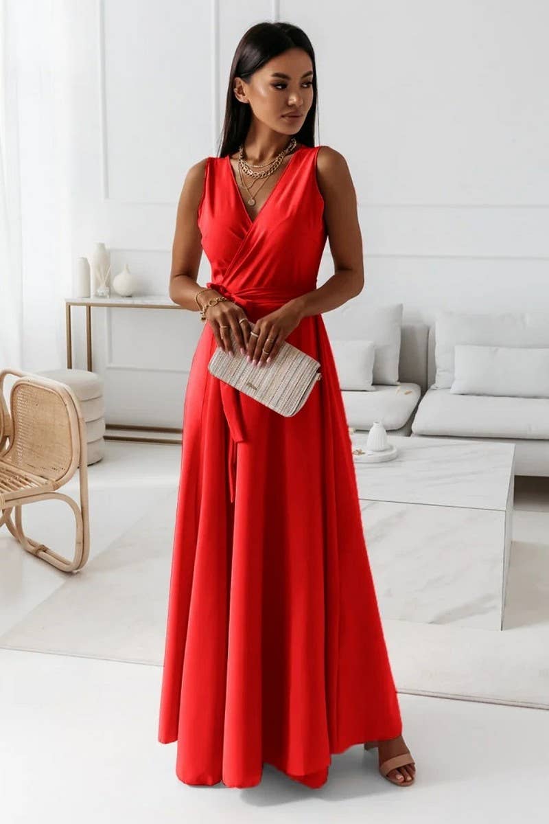 CWDMD4861_LACE-UP V-NECK EVENING GOWN LONG DRESS