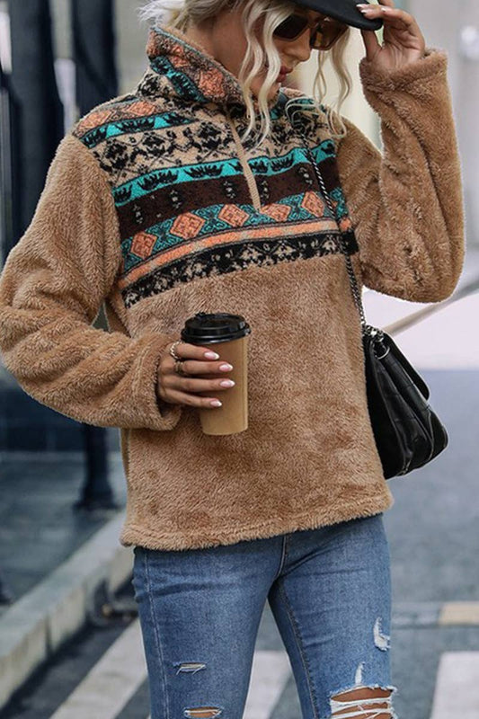WOMEN HIGH HALF ZIP UP NECK AZTEC FLEECE PULLOVER_CWOSWL1558