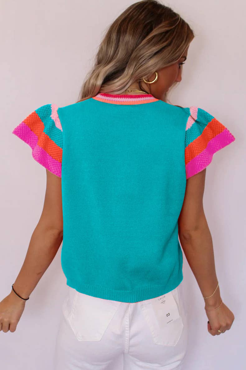 Round-neck color-blocking short-sleeved sweater