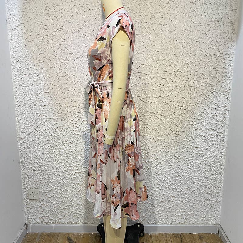 PRINTED CREW NECK LACE-UP PLEATED DRESS