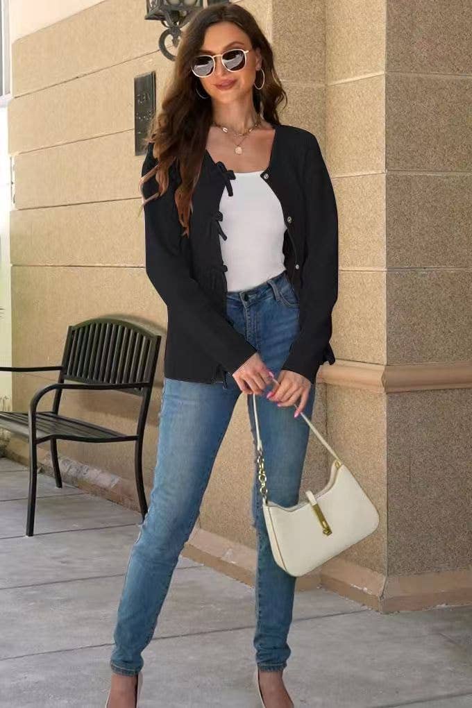 STYLISH AND COMFORTABLE BOW WOOL CARDIGAN
