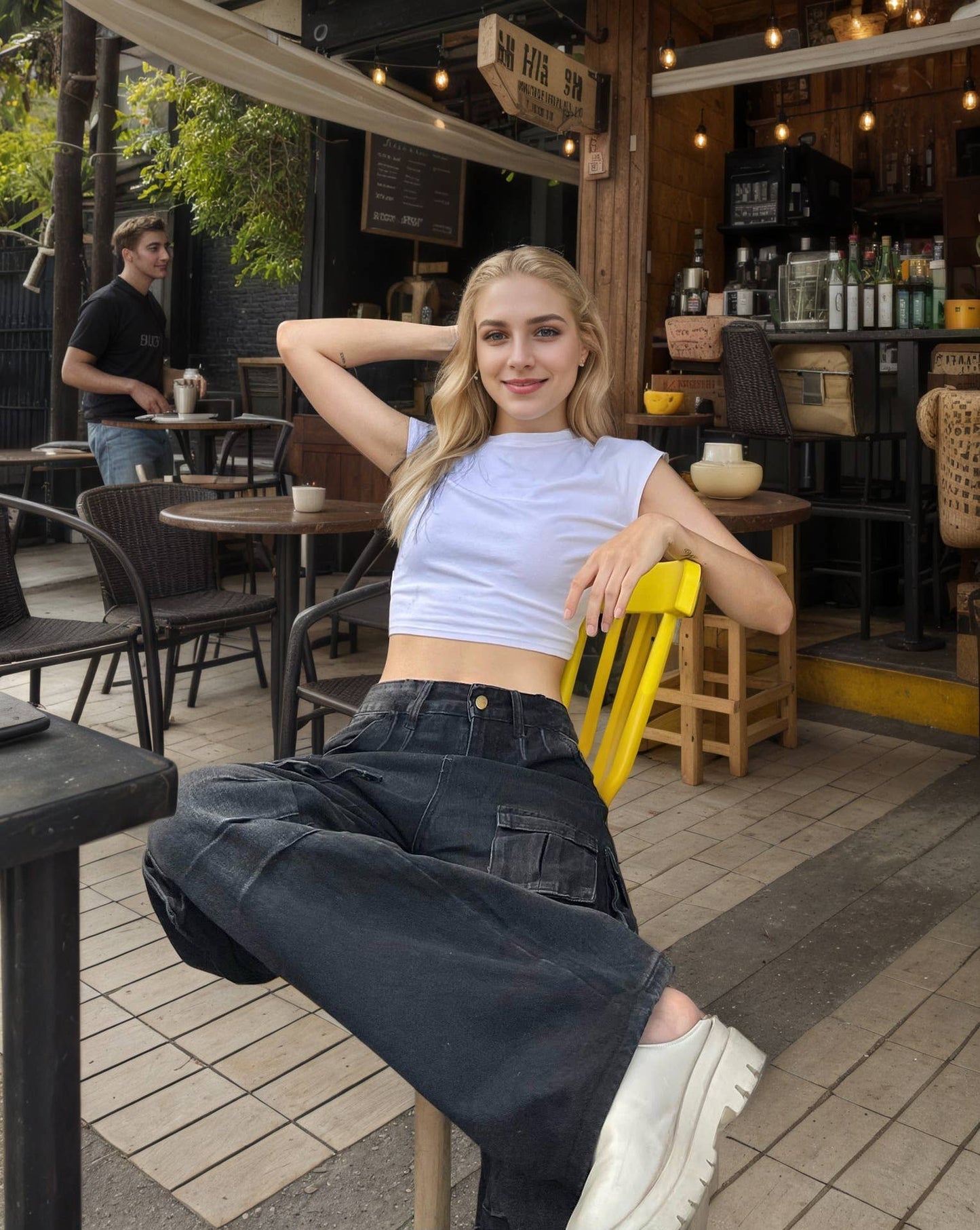 Loose straight wide-leg washed work pants