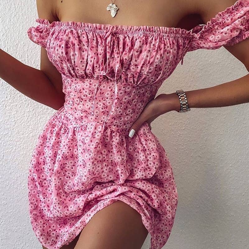 ONE-SHOULDER SMALL FLORAL SHORT-SLEEVED DRESS