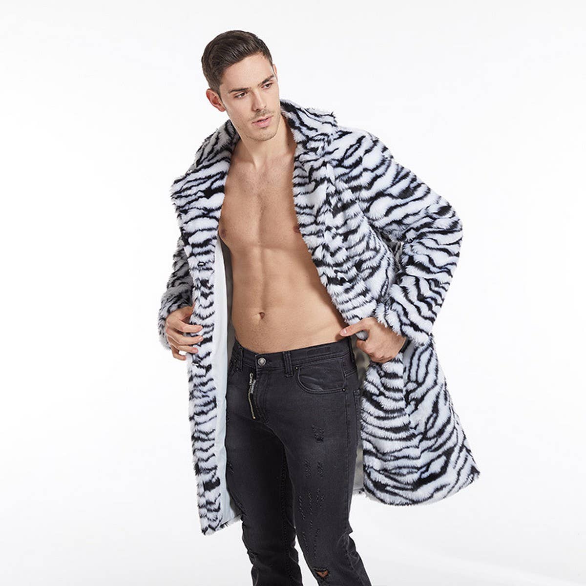 Men's Faux Fur Tiger Print Long Coat Plus Size