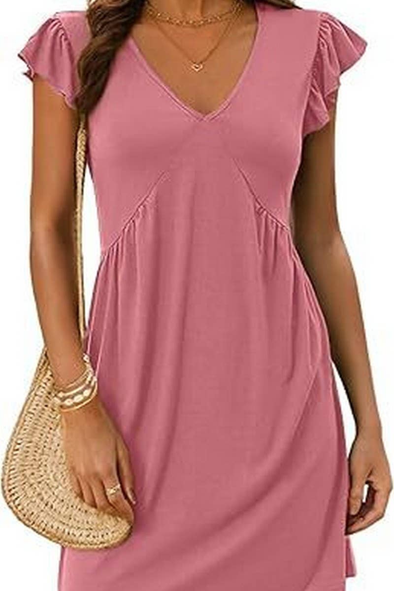 CWDSD8807_V-NECK FLYING SLEEVES PLEATED MINI TANK DRESS