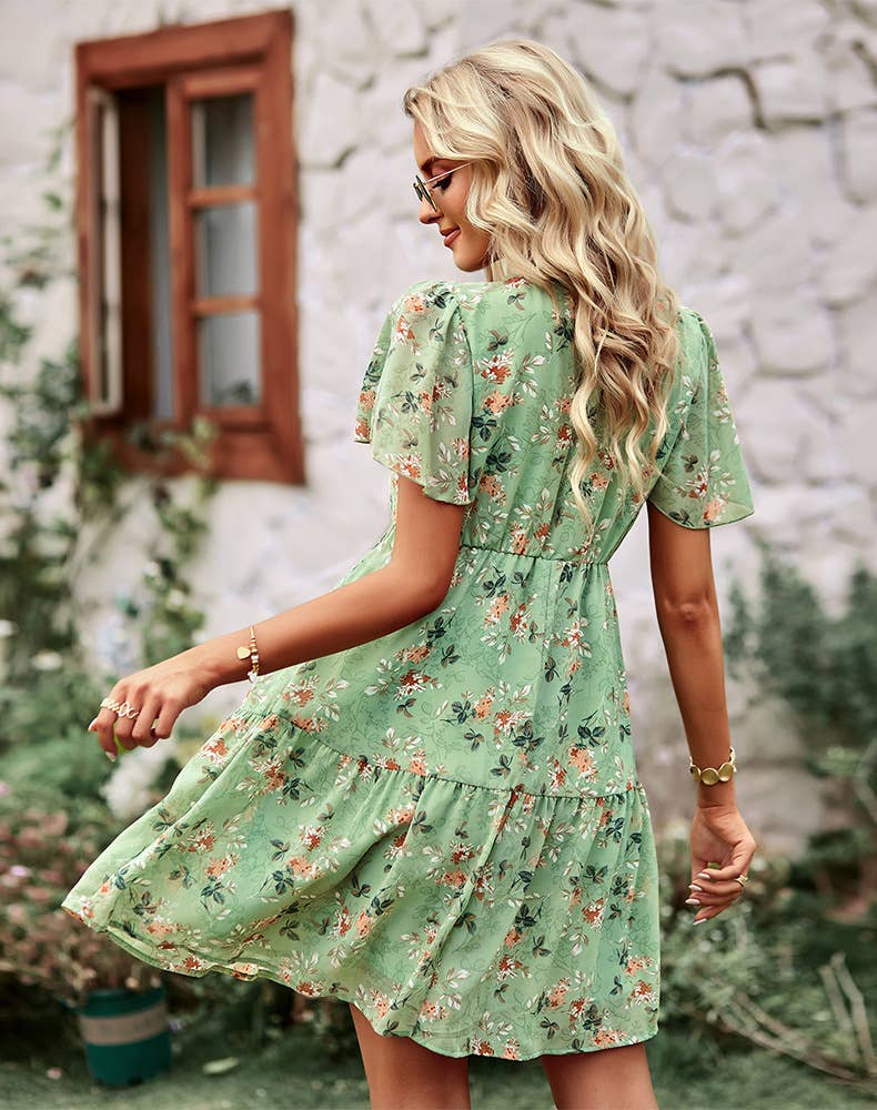 V-NECK PRINT STYLE COUNTRY FASHION DRESS