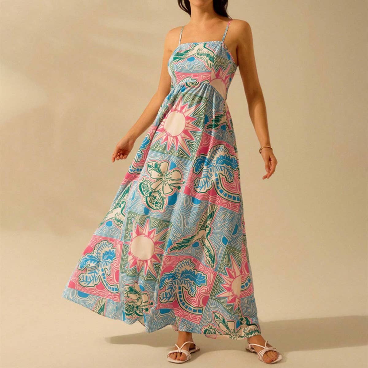 Tropical printed strappy casual vacation dress