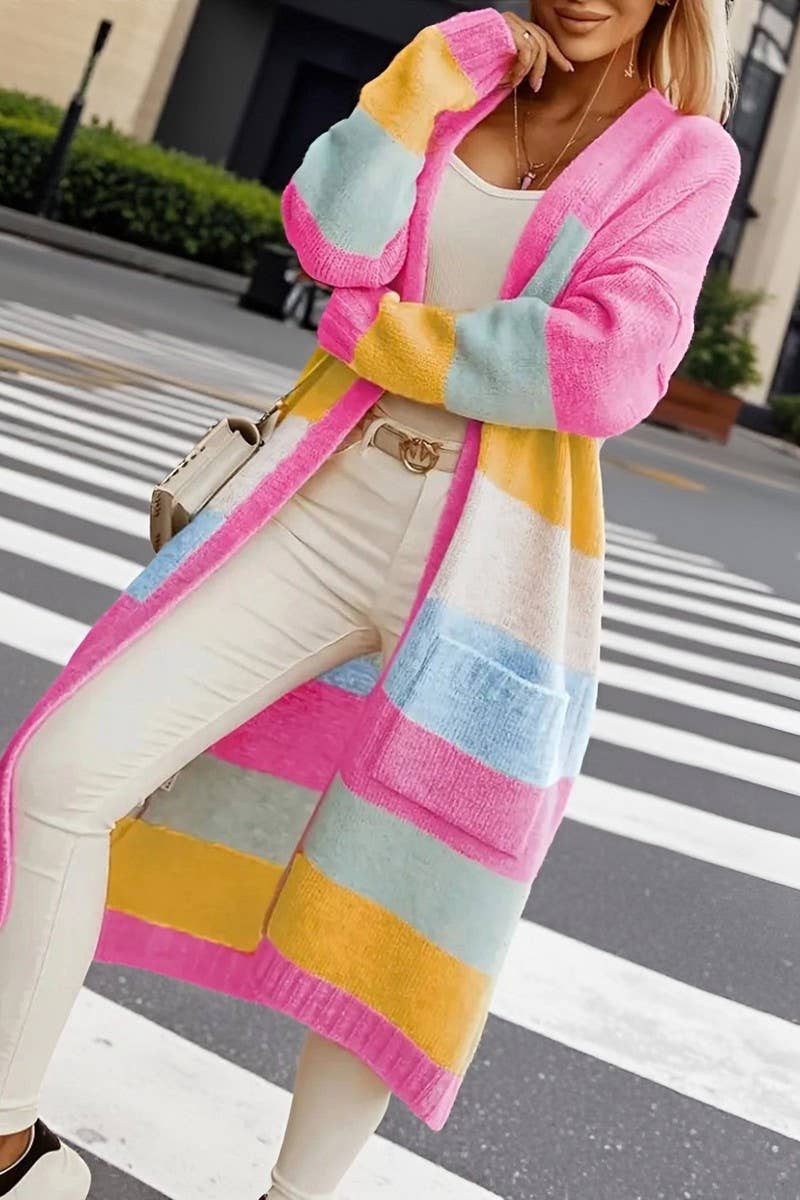CWOCAL00717_COLORBLOCK RAINBOW STRIPE LONG KNIT CARDIGAN