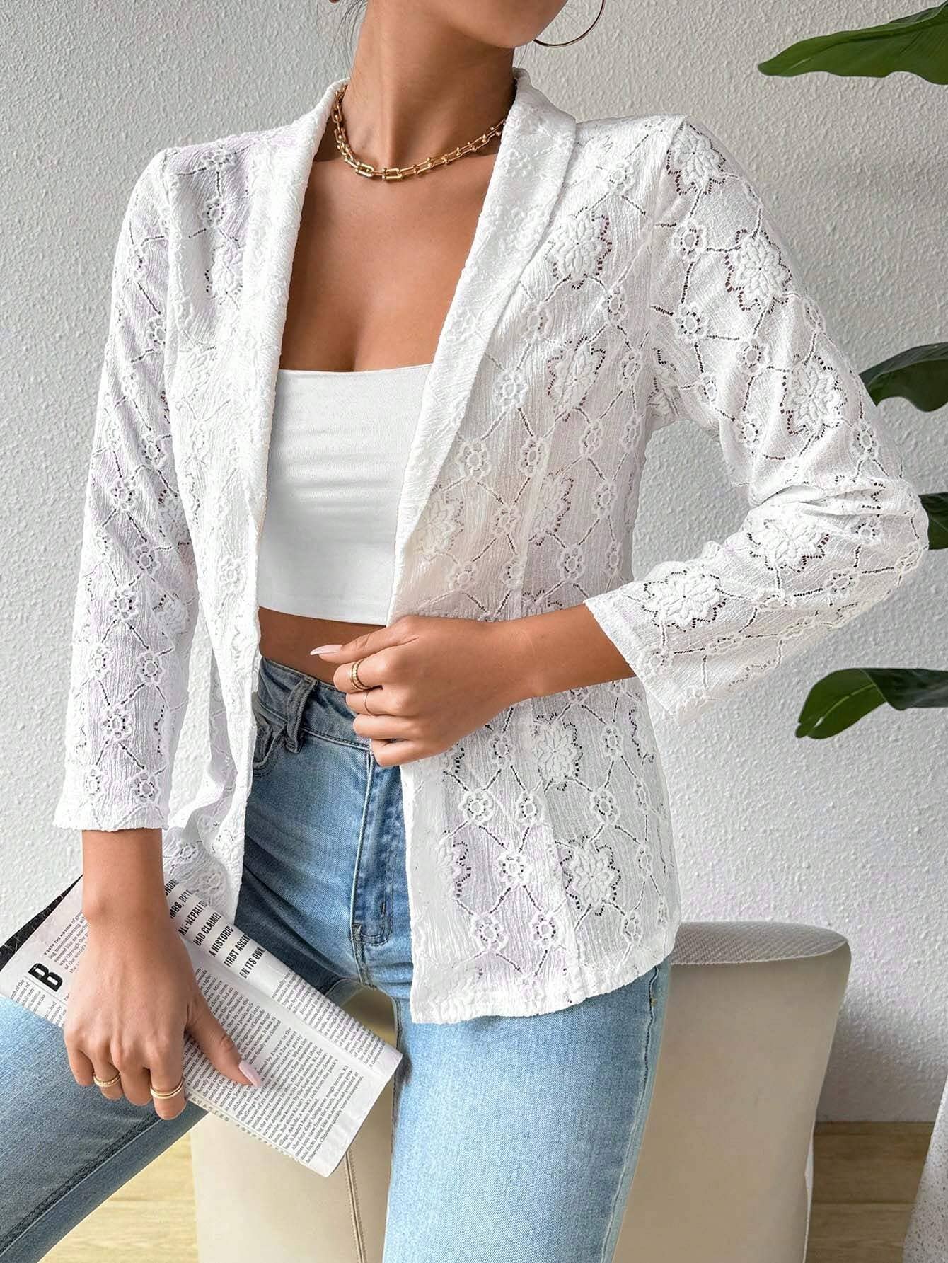 Elegant solid-color lace lapel casual suit jacket