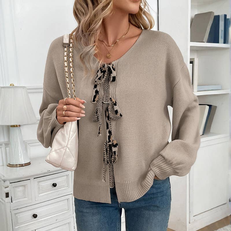 LEOPARD PRINT CARDIGAN WITH BOW TIE AND LOVEHEART