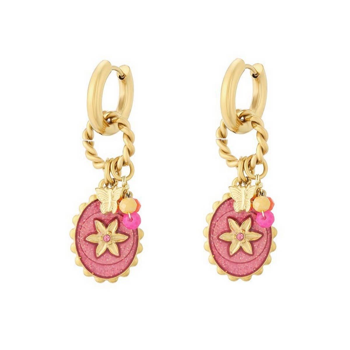 Fashion Pink Flower Round Stainless Steel Studs_CWAJE4989