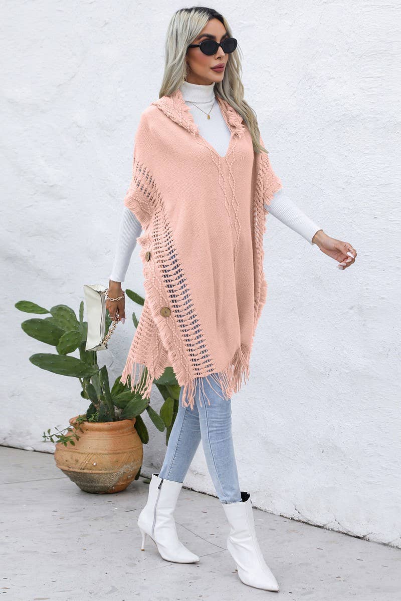CWOSWL6438_V-NECK FRINGED HOODED MID-LENGTH CAPE KNITTED TOP