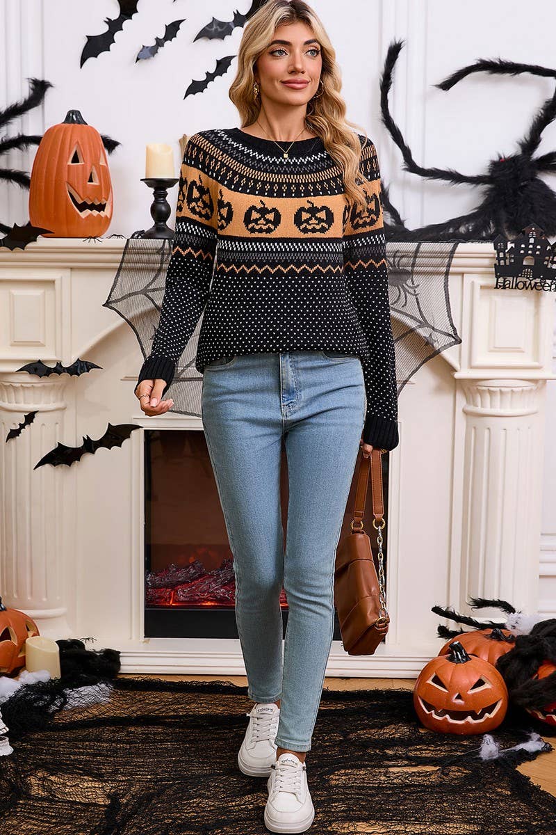 CWOSWL07354_HALLOWEEN PUMPKIN EMBROIDERED POLKA DOT SWEATER