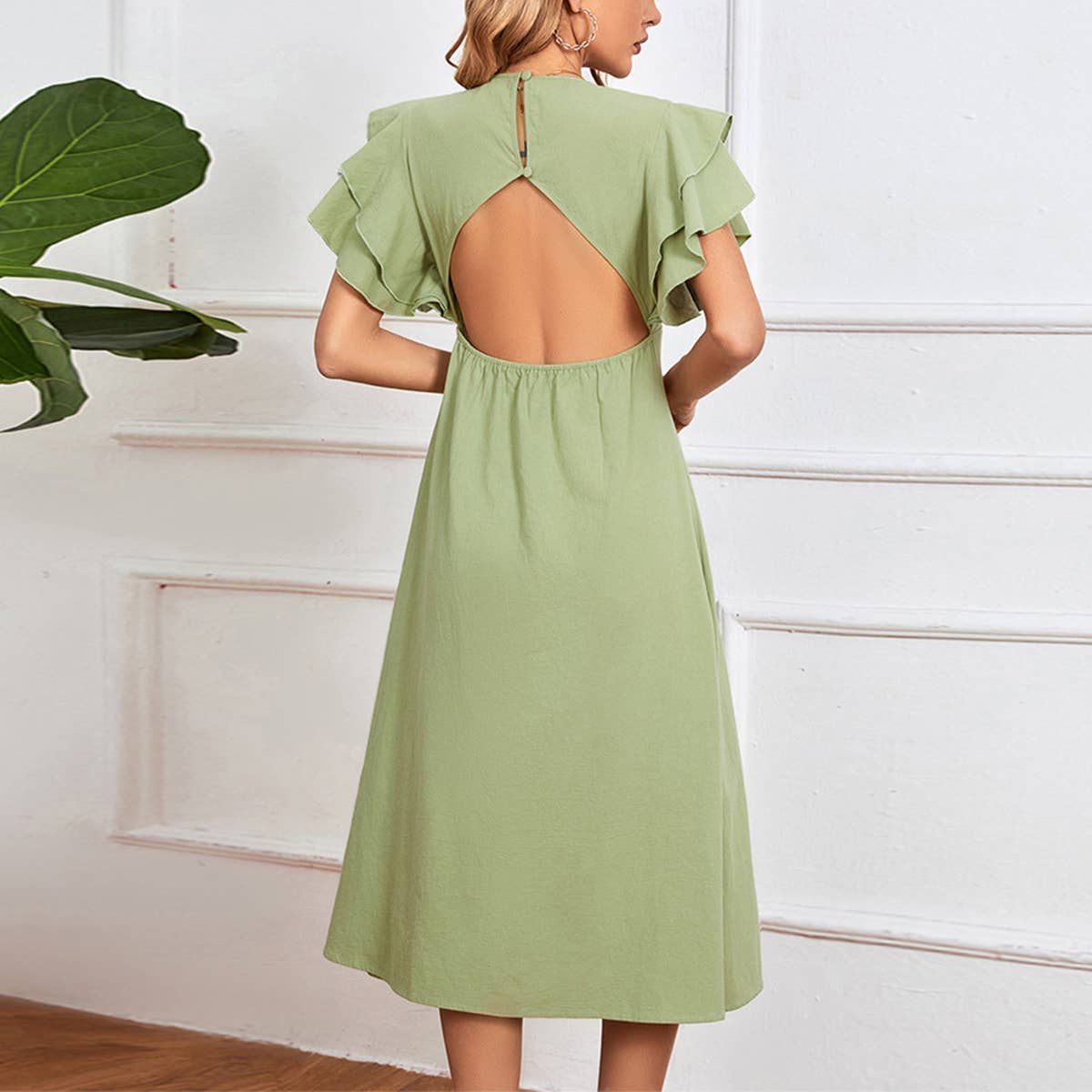 V NECK SEXY BACKLESS BUTTON A LINE MIDI DRESS_CWDSD3248