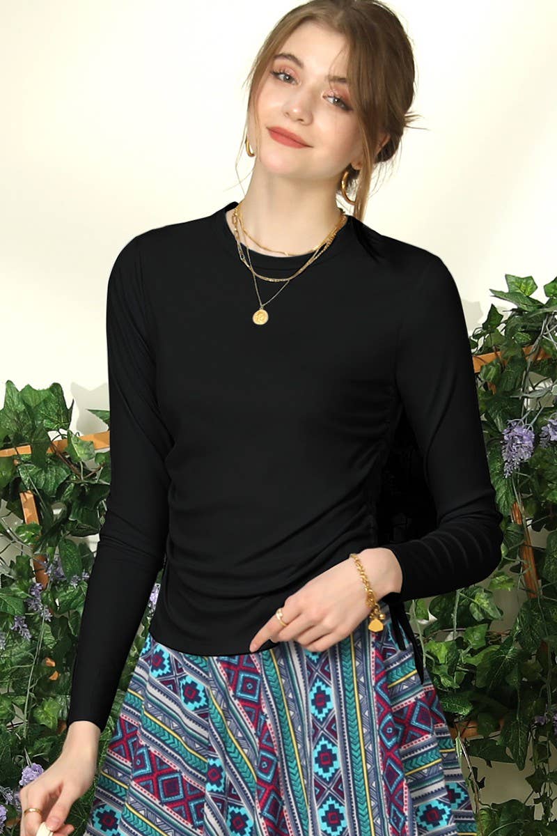 Cwttl1508_Crew Neck Long Sleeve Lace-Up Shirring Top_B0217