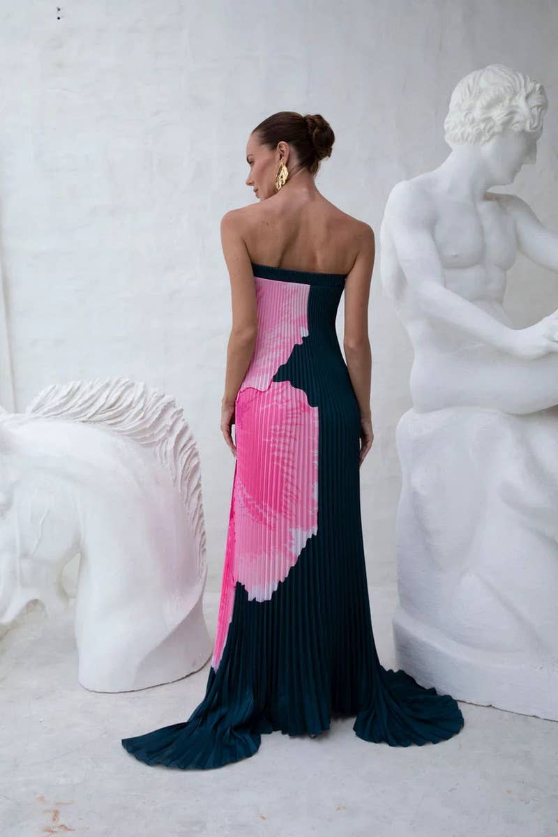 CWDMD5533_SUMMER PLEATED PRINTED BACKLESS TUBE DRESS